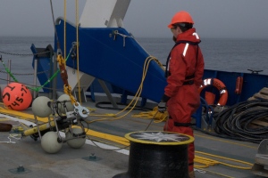 Deploying underwater acoustic recorders in the Chukchi Sea in August 2009.